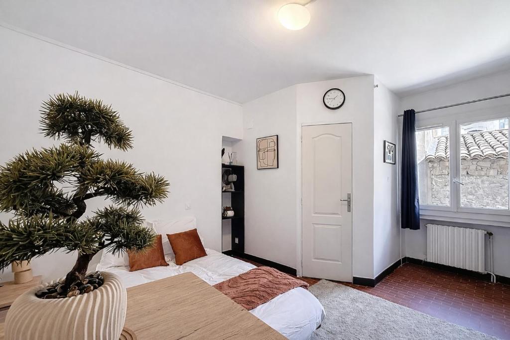 a living room with a potted plant and a clock at Le Nid d'andéol in Bourg-Saint-Andéol