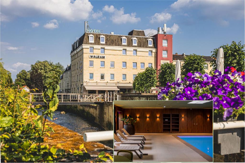 ein Gebäude mit Bänken und Blumen neben einem Fluss in der Unterkunft Hotel Walram in Valkenburg