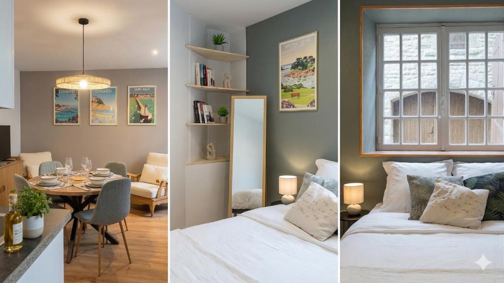 two pictures of a room with a bed and a table at KENDALL in Saint Malo