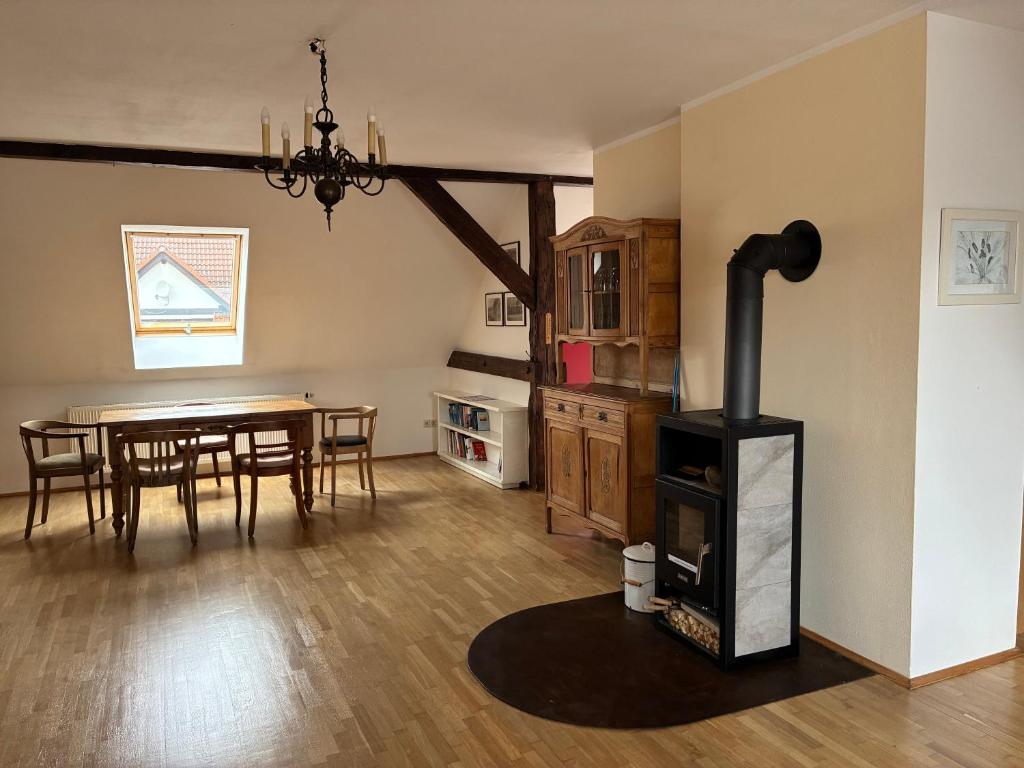 a kitchen and dining room with a wood stove at Beim Schlangenkönig in Straupitz