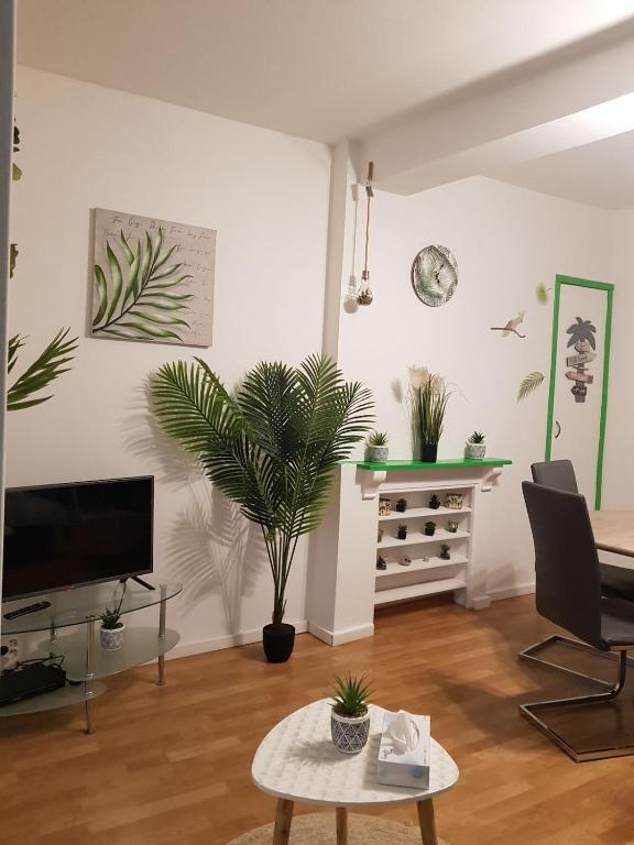 a living room with a tv and a table with a plant at Casino in Dieppe