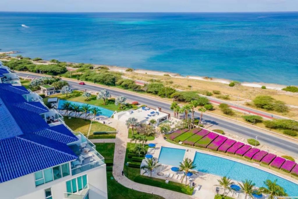an aerial view of the beach and the ocean at Glamorous and modern beach apartment Eagle beach ARUBA in Savaneta