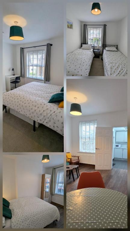 four different views of a bedroom with two beds and a table at LEB Homes UK, 3 Bedroom House - 2 mins walk to station in Crawley