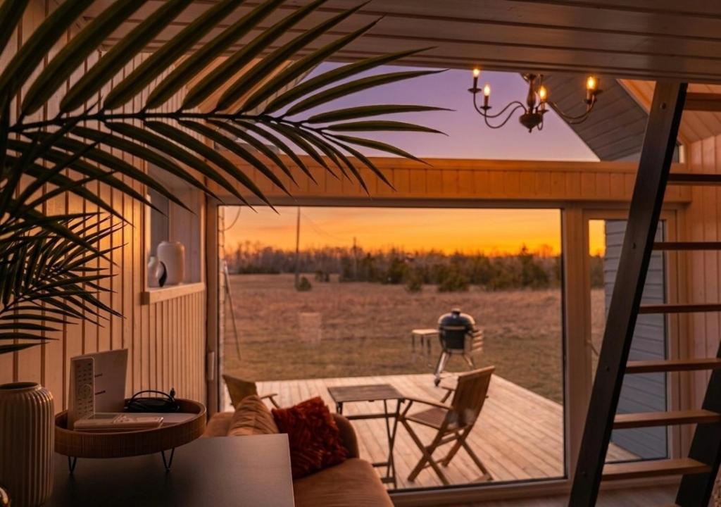 a man standing on the deck of a house at Sadama Willa Petite with private mini SPA in Heltermaa