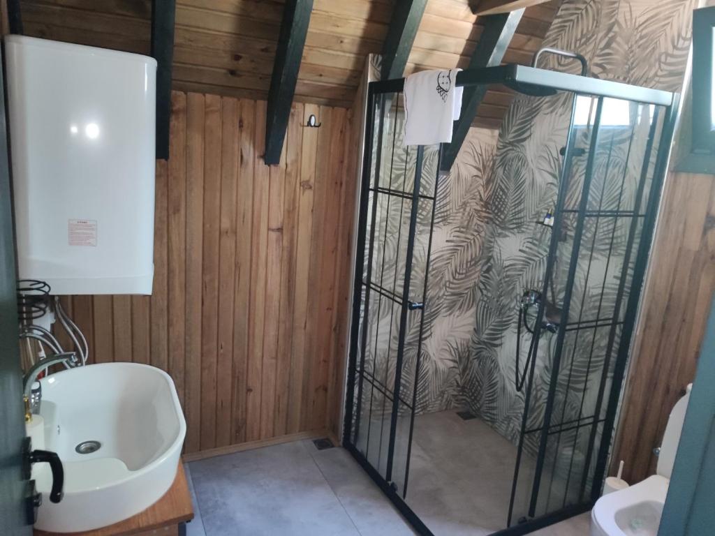 a bathroom with a shower with a toilet and a sink at İtenicibungolow in Korgan