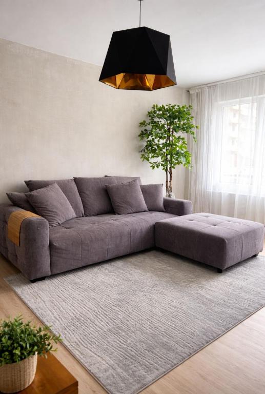 a living room with a couch and a rug at OzolApart Lux in Jēkabpils