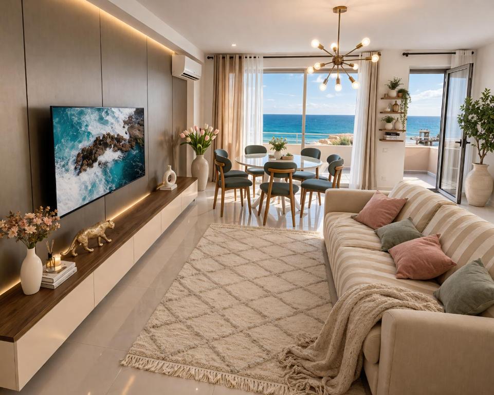 a living room with a large couch and a tv at Beachfront Central Apartments in Durrës