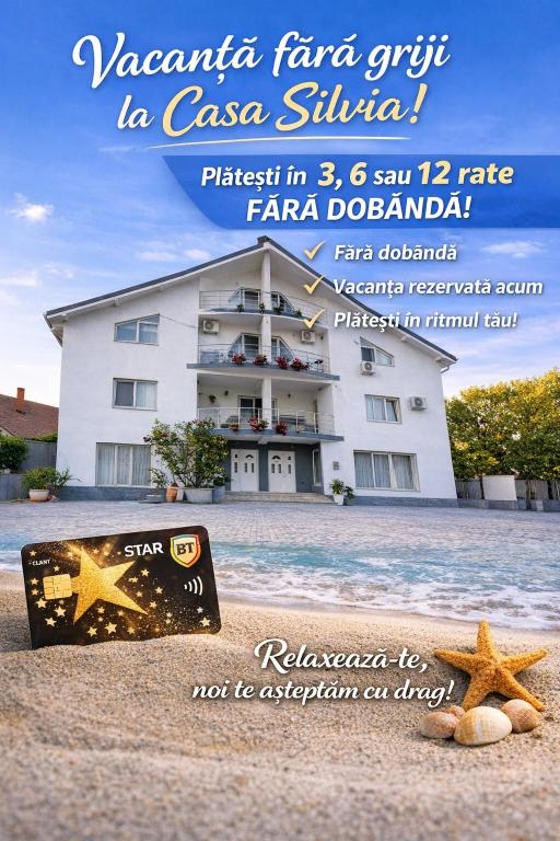a flyer for a resort on the beach with a building at Casa Silvia in Eforie Nord
