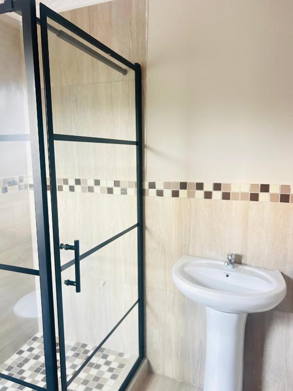 a bathroom with a sink and a glass shower door at Rainow guest house in Burgersfort