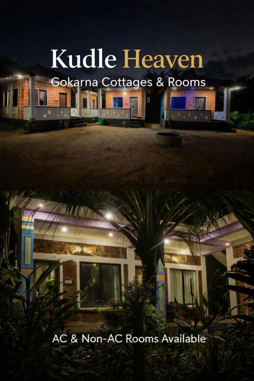 two pictures of a house at night at Kudle Heaven in Gokarna