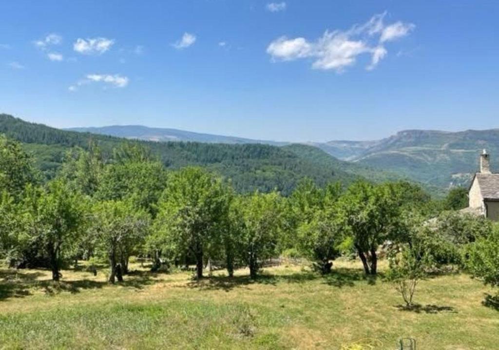 an old house in a field with trees and mountains at Le verger in Vébron