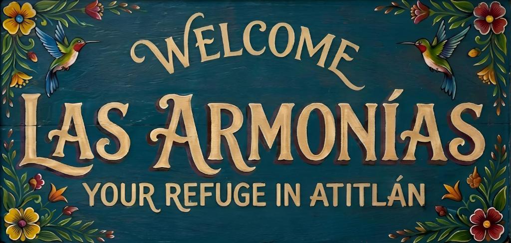 a sign that says welcome as americanas with birds on it at Las Armonías Hostal in Panajachel