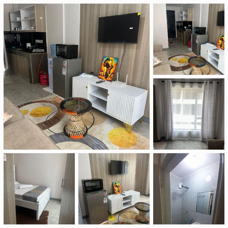 a collage of four pictures of a living room at Edwin homes in Nairobi