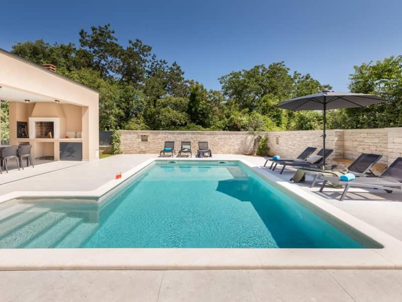 a swimming pool with chairs and an umbrella at Villa Giulia by IstriaLux in Manjadvorci