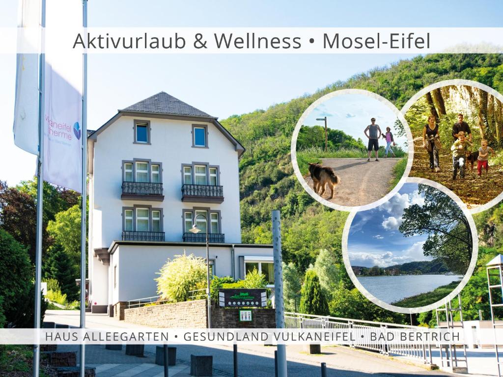 a collage of photos of a house and a dog at Haus Alleegarten in Bad Bertrich
