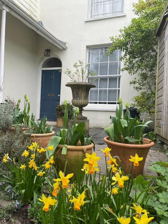 a garden with flowers in front of a house at Luxury flat in Totnes in Totnes