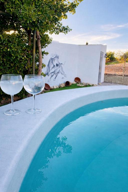 two wine glasses sitting next to a swimming pool at Villa 365 in La Rábita