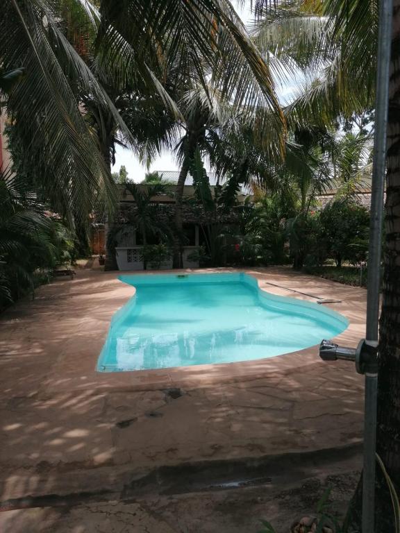 a swimming pool in a yard with a palm tree at Susans cottages diani beach in Ukunda