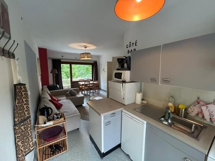 a kitchen and a living room with a couch at Au Bout du Monde - Dinant in Waulsort