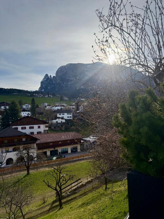 a view of a town with a mountain in the background at Casa con vista sciliar Blu centro paese con parcheggio privato in Völs am Schlern