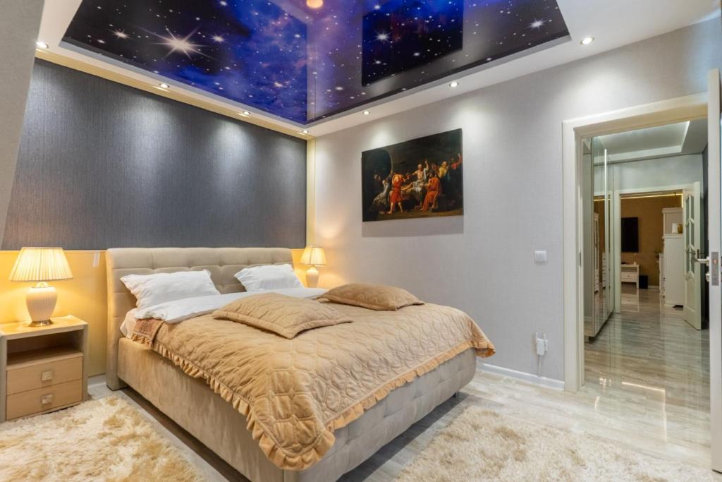 a bedroom with a large bed with a star ceiling at Complex Rediu 54-PentHouse in Rediu