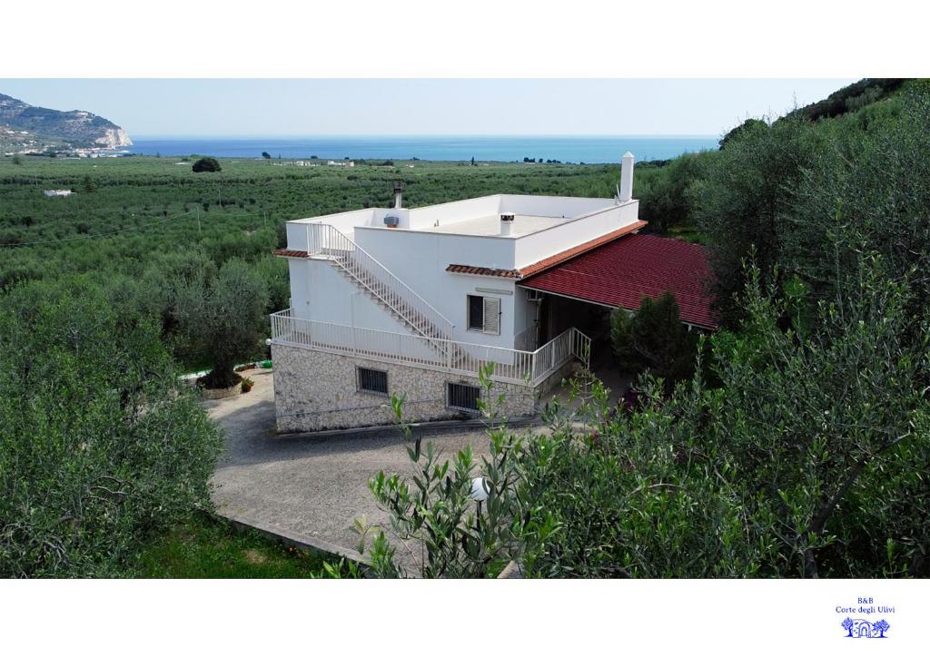 a white house with a red roof in a field at B&B Corte degli Ulivi in Mattinata