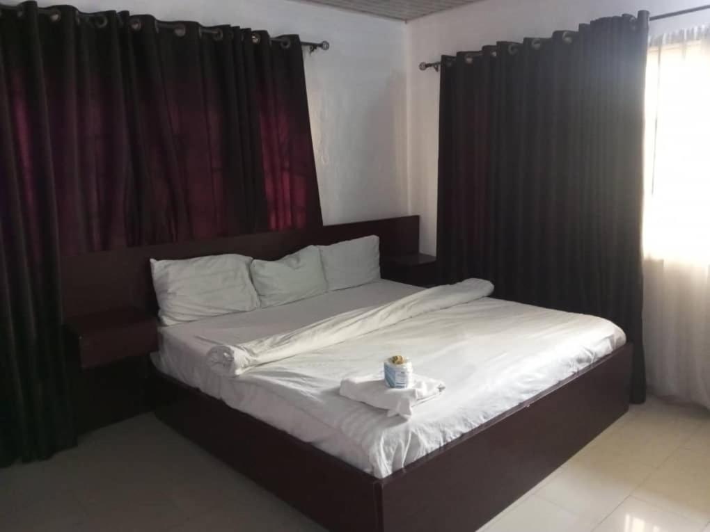 a bedroom with a bed with a black headboard at Lifeconcep apartment and lodge in Ibadan