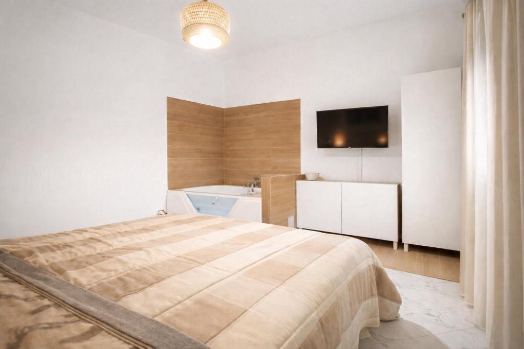 a bedroom with a bed and a tub and a television at Salerno casa con jacuzzi privata e cinema in Salerno