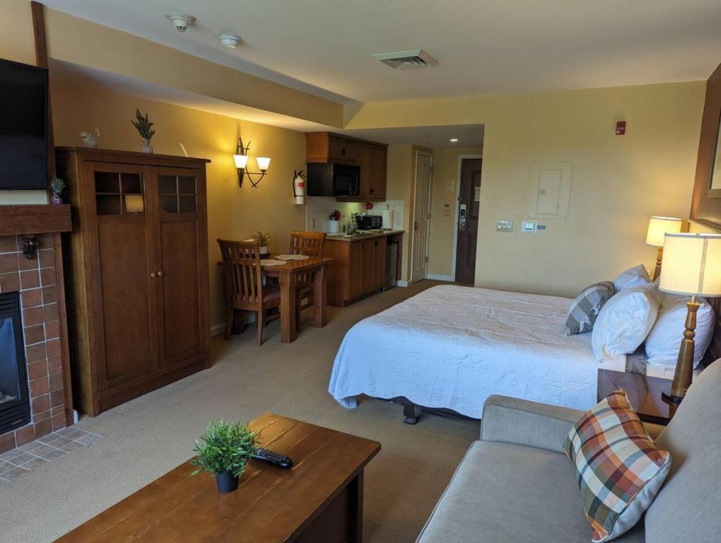 a hotel room with a bed and a living room at Rustic classic spacious Studio in Vernon Township