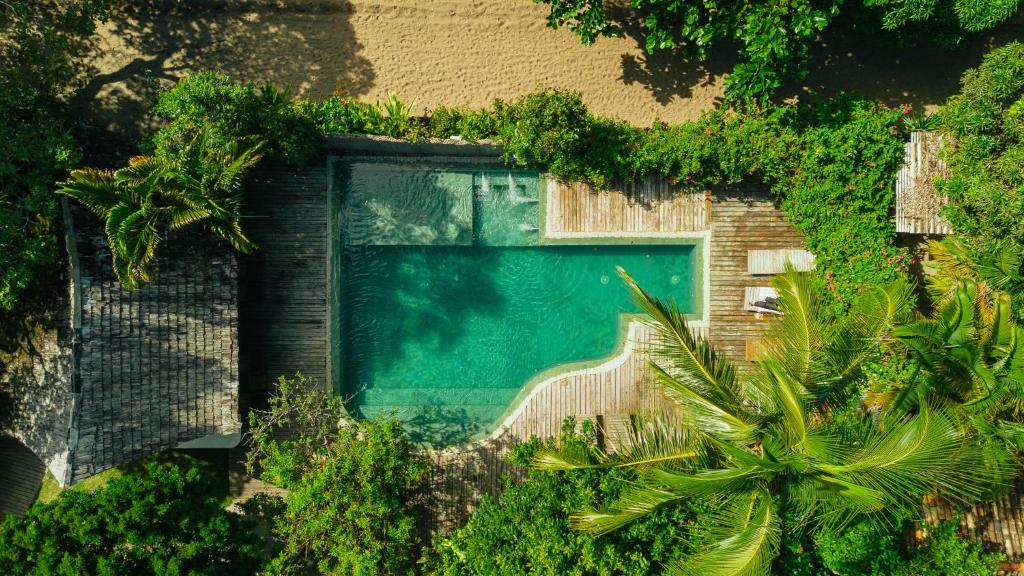 an overhead view of a swimming pool with plants at Pousada Mangue Sereno in Caraíva