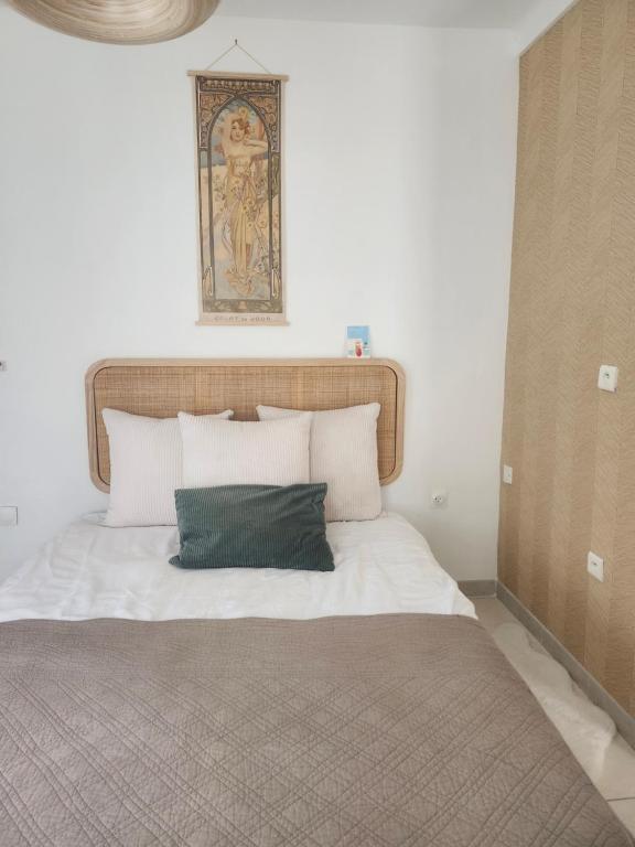 a bed with a green pillow on top of it at Chaleureux appartement in Nîmes