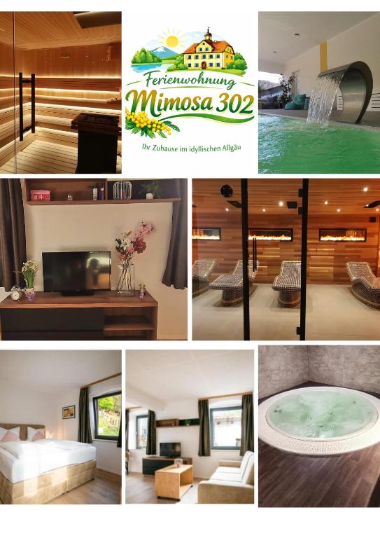 a collage of pictures of a hotel with a pool at Ferienwohnung Mimosa 302 in Wiggensbach