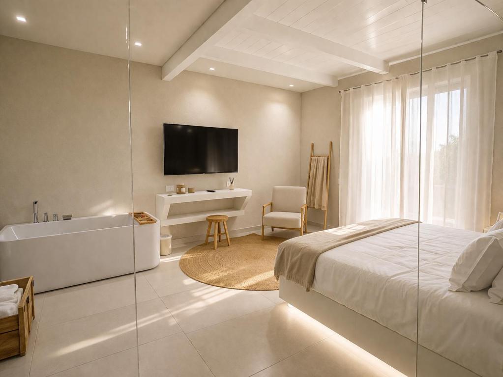a bedroom with a bed and a tub and a tv at Hotel PI Arte Exclusive Suite in Palermo