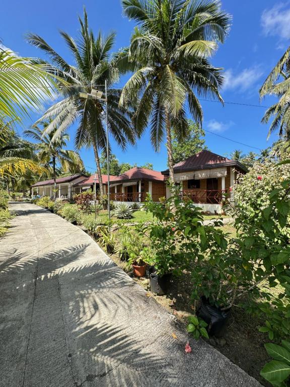 a house with palm trees in front of a street at Cris & Mar Homestay in Burgos