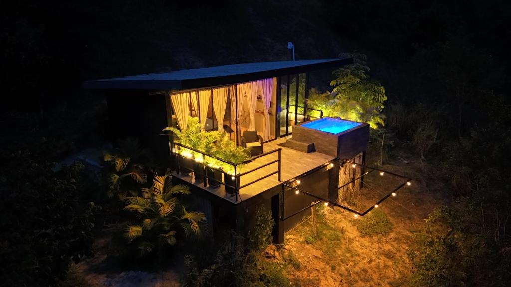 an overhead view of a house at night at Arrayán Glamping Villa 1 in San Gil