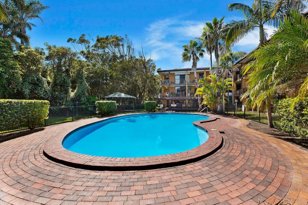 a swimming pool on a brick path around a house with palm trees at Pelican Place in The Entrance