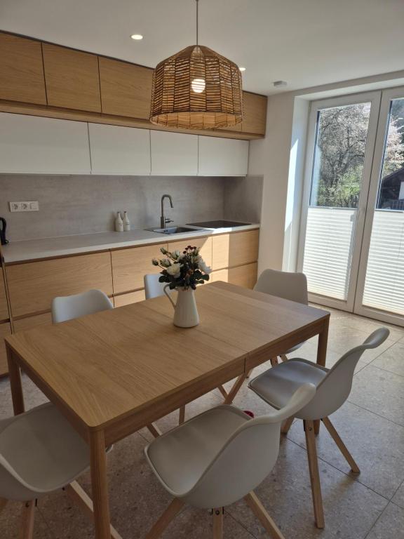 a kitchen with a wooden table and chairs at Green River Apartment in Stahovica