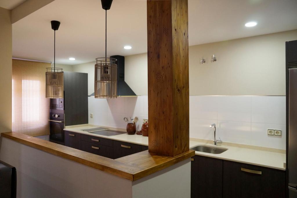 cocina con encimera con fregadero y nevera en Casas de Valois, en Hita