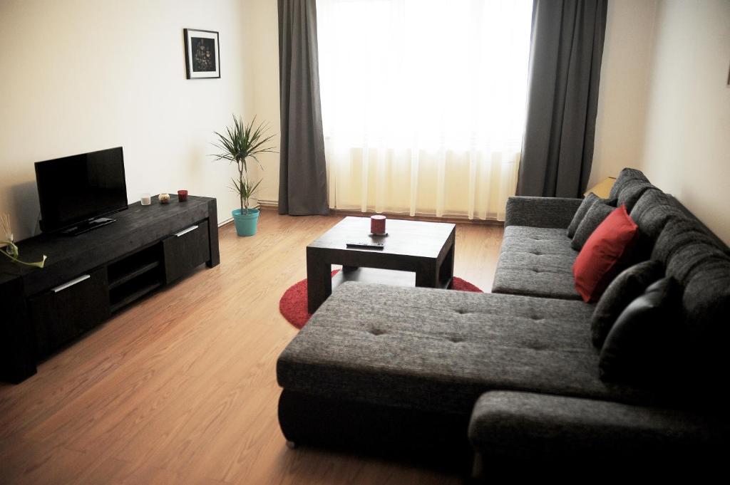 a living room with a couch and a tv at Apartament Waldo 2 in Braşov