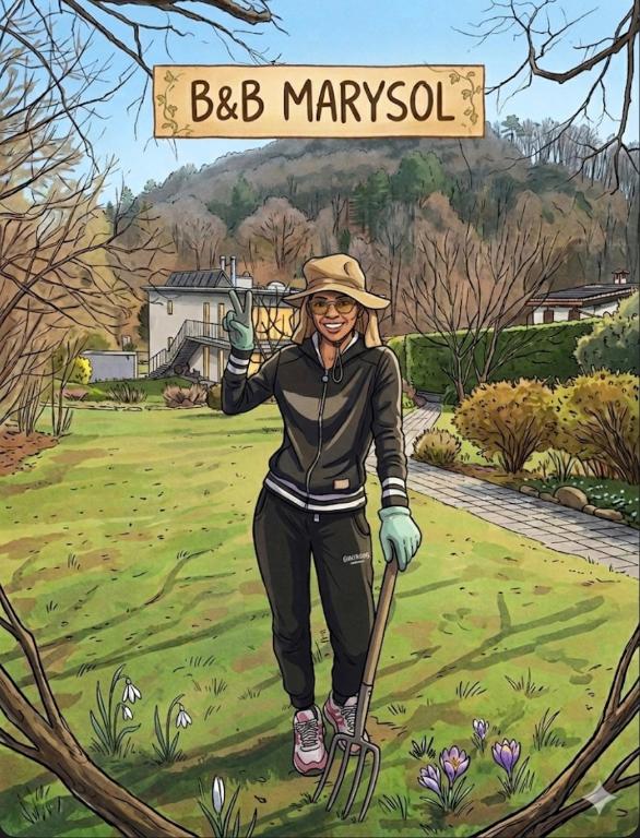 a woman standing in a garden with a rake at B&B Marysol in Arcegno