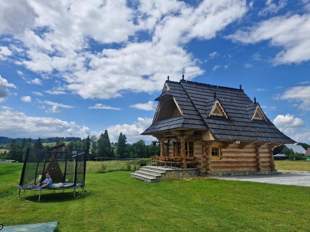 a woman sitting on a swing in front of a log cabin at Domek u Beaty in Dzianisz
