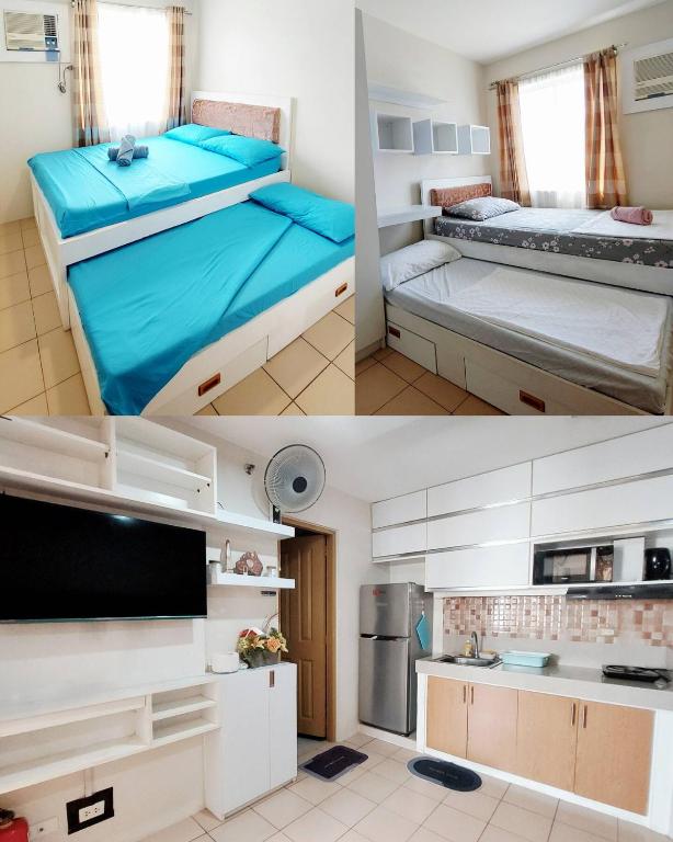 two images of a room with two beds and a tv at Nanay's Condotel in Sampong