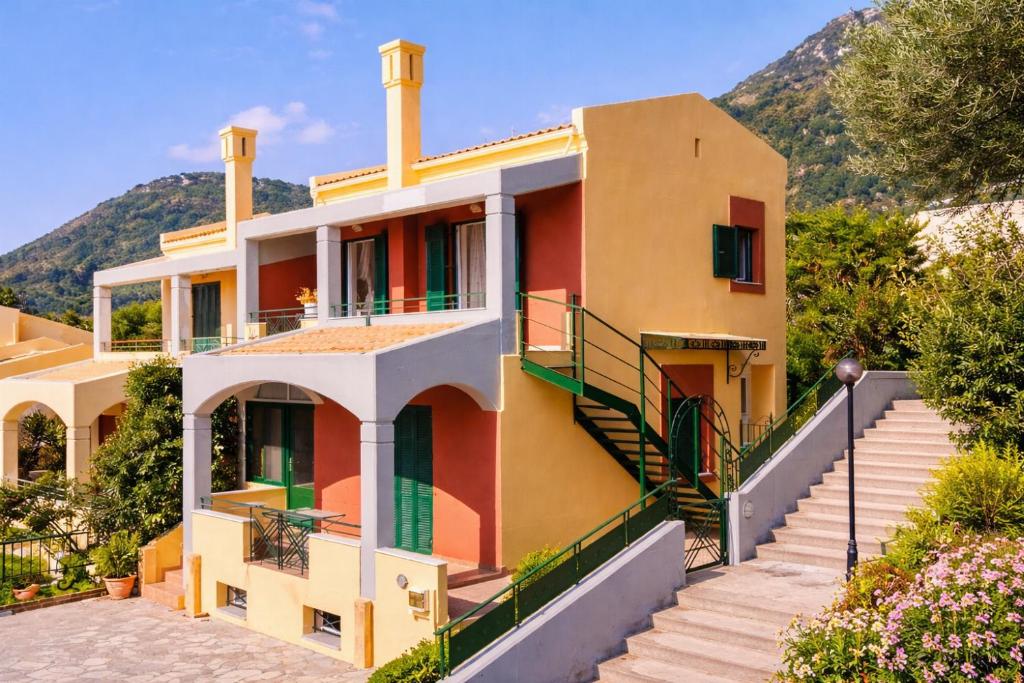a house with stairs in front of a mountain at Golden Tiara Apartment in Barbati