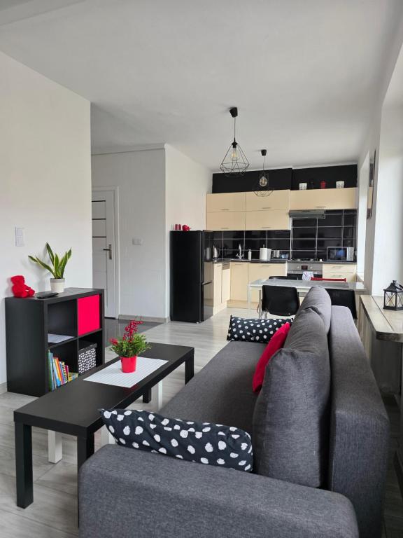 a living room with a couch and tables and a kitchen at GreatLoft Apartament in Oświęcim