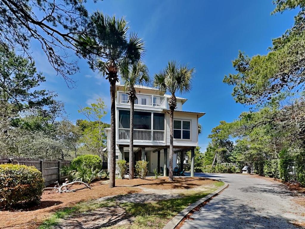 a house with palm trees in front of a road at Aloha Sandy Bay in Blue Mountain Beach