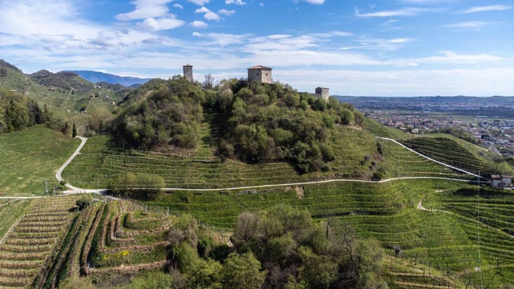 a hill with a castle on top of it at Le Torri di Credazzo in Farra di Soligo