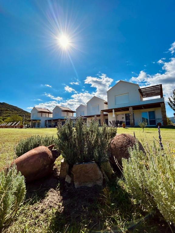 a house in a field with the sun in the sky at Dimis Luxury Suites in Paralia Sikias