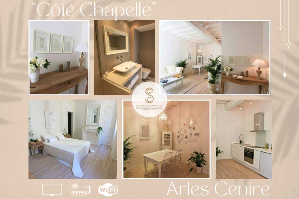 a collage of photos of a room with a white room at Côté Chapelle Arles Centre in Arles