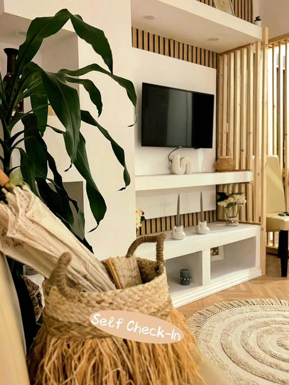 a living room with a tv and a plant at Sleep & Go Floreasca Green in Bucharest