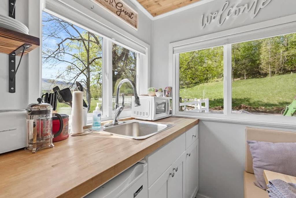 a kitchen with a sink and two windows at Quail Run Farm- Rustic Tiny Home 1 in Chattanooga